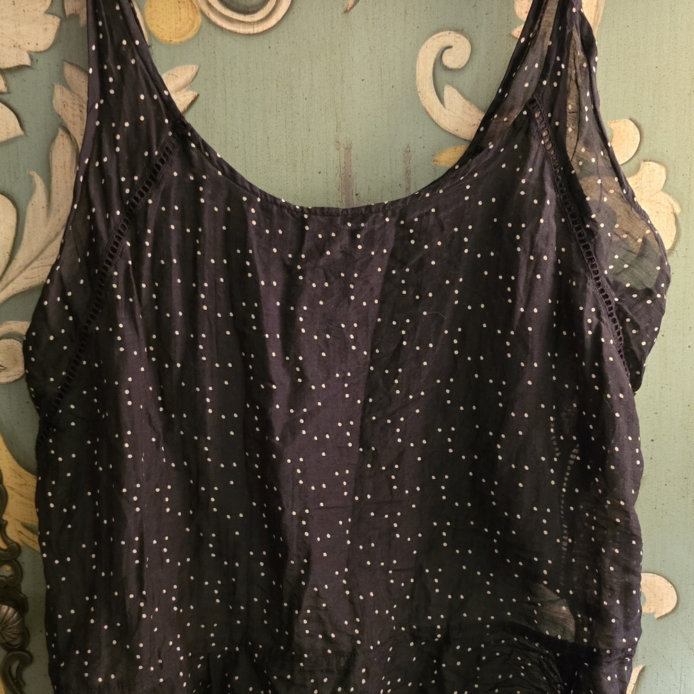 Hurley Black tank blouse white polka dots cropped back embroidered detail Large